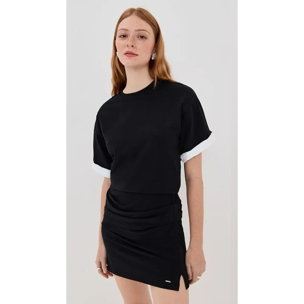 Simkhai Cody Cotton Jersey Ruched Mini Dress in Black & White size XL NWOT